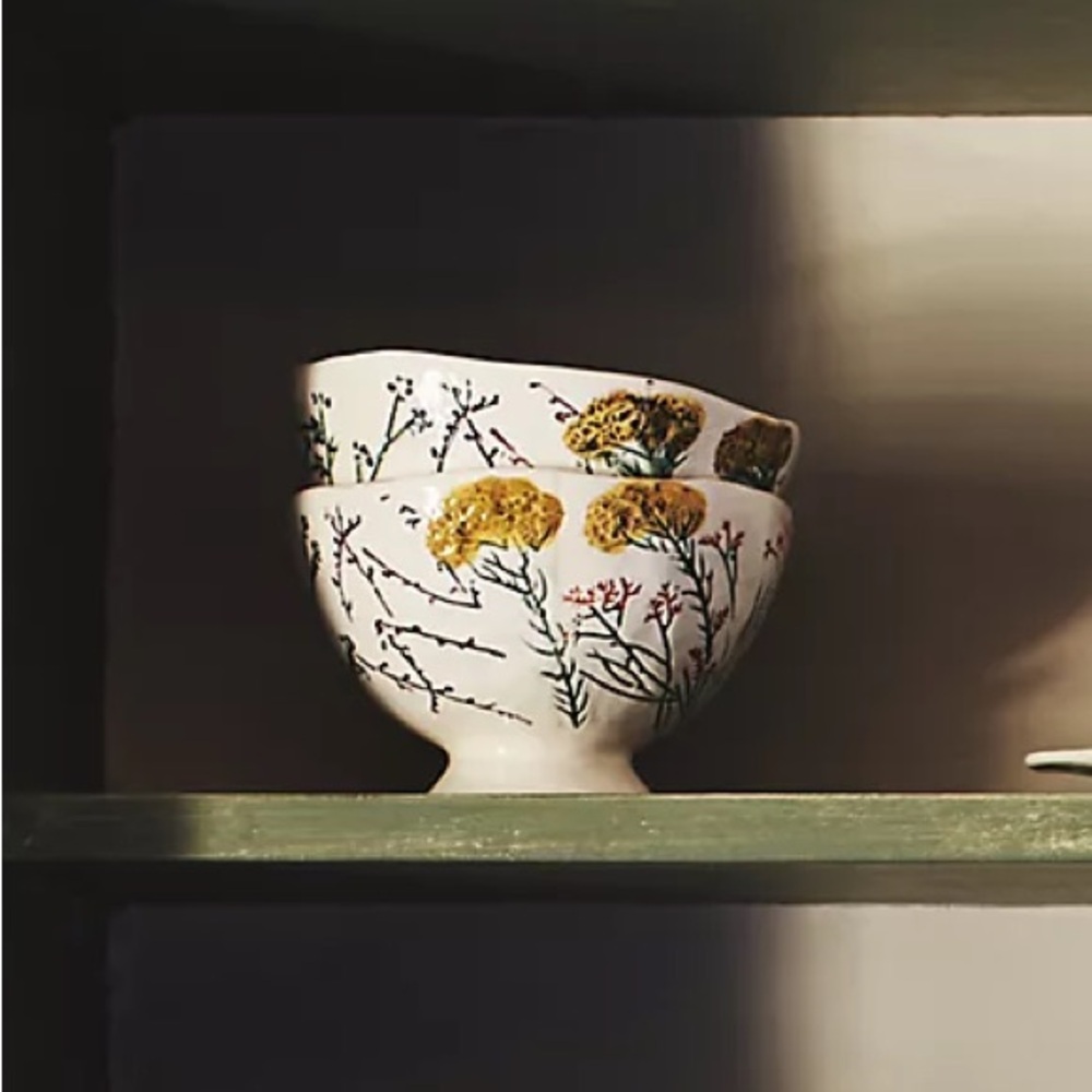 SET OF 3 Anthropologie Dagny white botanicals earthenware bowls